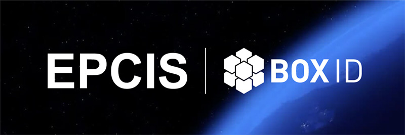 EPCIS und BOX ID Logos vor kosmischem Hintergrund mit Erde und Lichtstrahl.