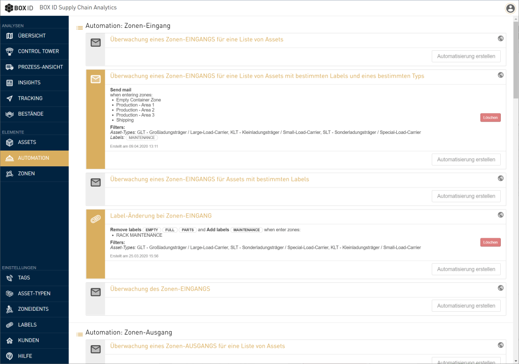 Screenshot der BOX ID Supply Chain Analytics Automationsoberfläche mit Menüoptionen und Automatisierungsregeln.