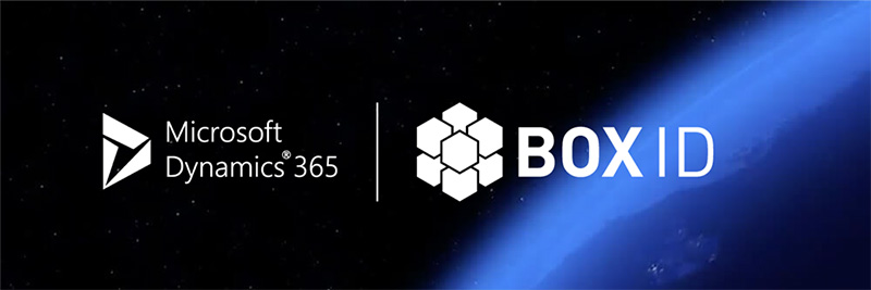 Microsoft Dynamics 365- und BOX ID-Logos vor kosmischem Hintergrund mit Erde im Sonnenlicht.