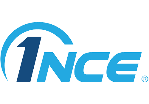 Logo von 1NCE mit blauen und grauen Farbtönen und stilisierter '1' vor einer weltkugelähnlichen Grafik.