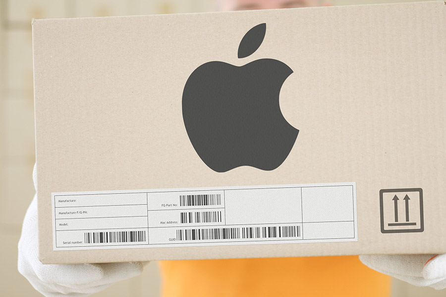 Person hält einen Karton mit Apple-Logo, Barcode und Aufschrift "Manufacturer", "Model", "Serial number".