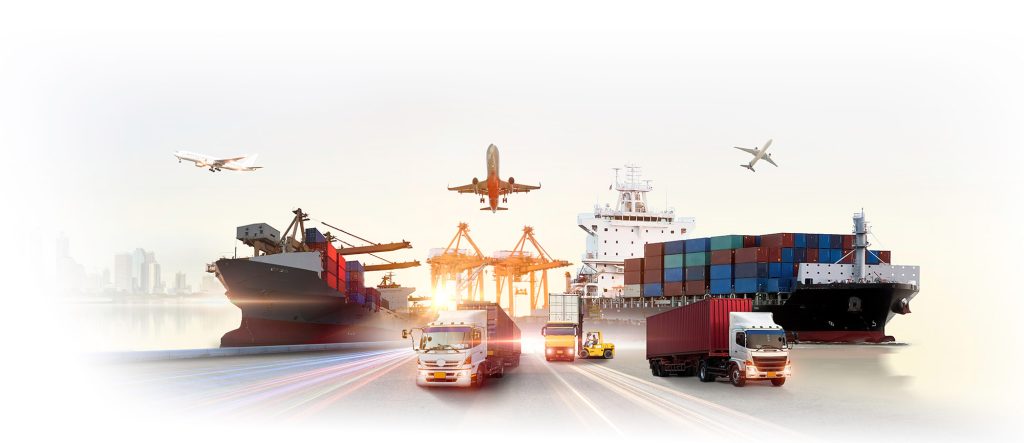Verschiedene Transportmittel darunter Schiffe, Lkw und Flugzeuge symbolisieren die Lieferkette von BOX-ID.