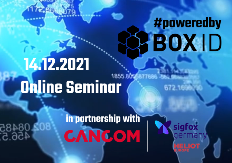 Online-Seminar-Ankündigung für 14.12.2021 von BOX ID, CANCOM und Sigfox, mit Weltkarten-Hintergrund und Logos.