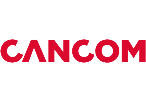 Logo von Cancom, roter Schriftzug auf transparentem Hintergrund.