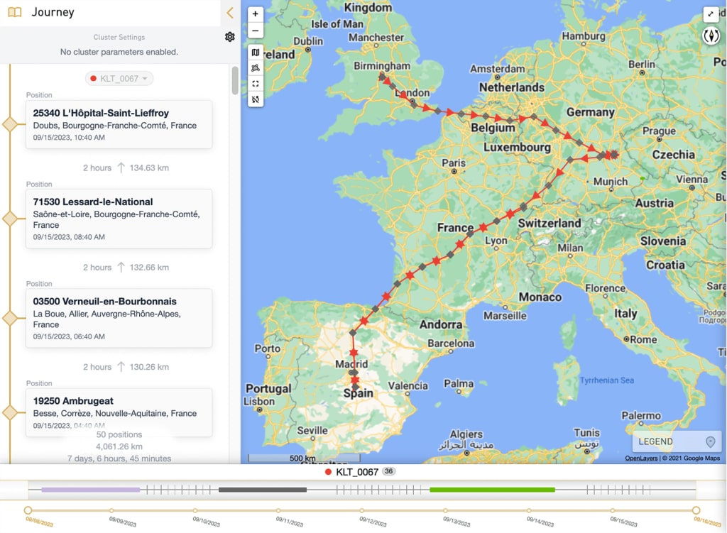 GPS-Tracking-Karte mit Route von Frankreich nach Deutschland, Zwischenstopps und Distanzen angezeigt.
