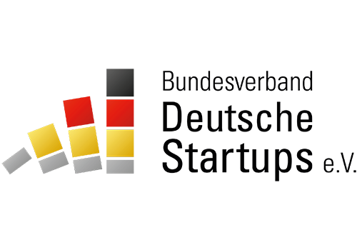 Logo der Deutschen Startups mit abstrakten roten und gelben Formen auf schwarzem Hintergrund.