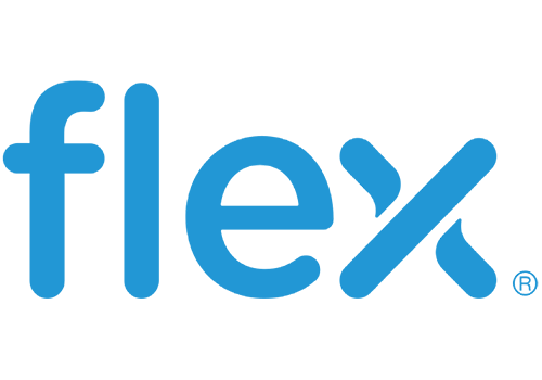 Logo von Flex in Blautönen mit stilisiertem Haken und abstrakten Elementen.