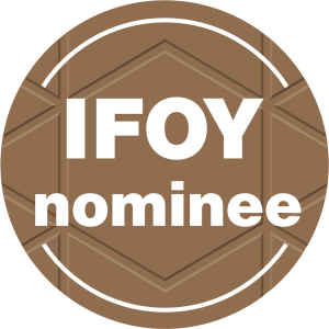 "Rundes Siegel mit Aufschrift 'IFOY nominee' in Brauntönen, Symbol für nominierte Innovation im Intralogistikbereich."