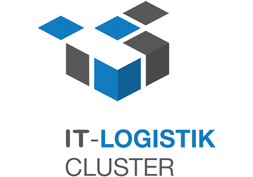 Logo des IT-Logistik Clusters: stilisierte Würfel in Blautönen mit Schriftzug.