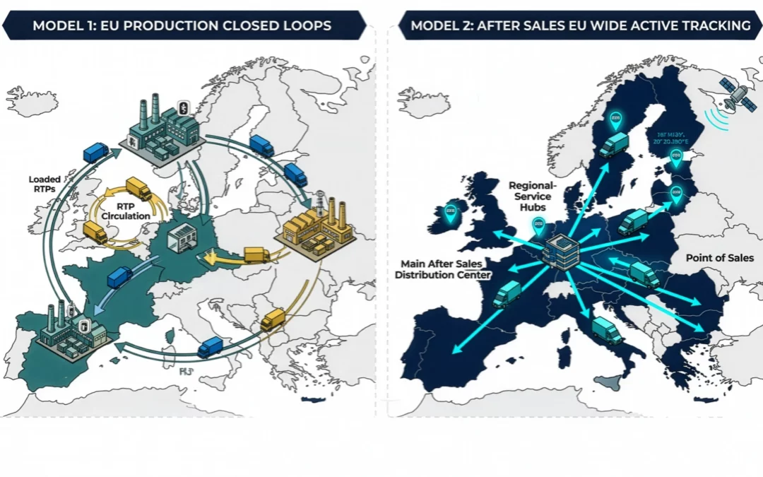 Comparison of IoT tracking architectures in automotive production and the automotive aftermarket, showing closed production loops and EU-wide active tracking.