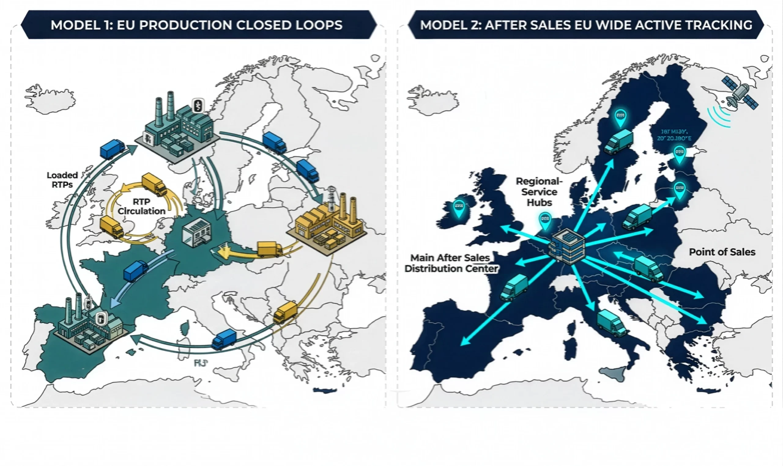 Comparison of IoT tracking architectures in automotive production and the automotive aftermarket, showing closed production loops and EU-wide active tracking.