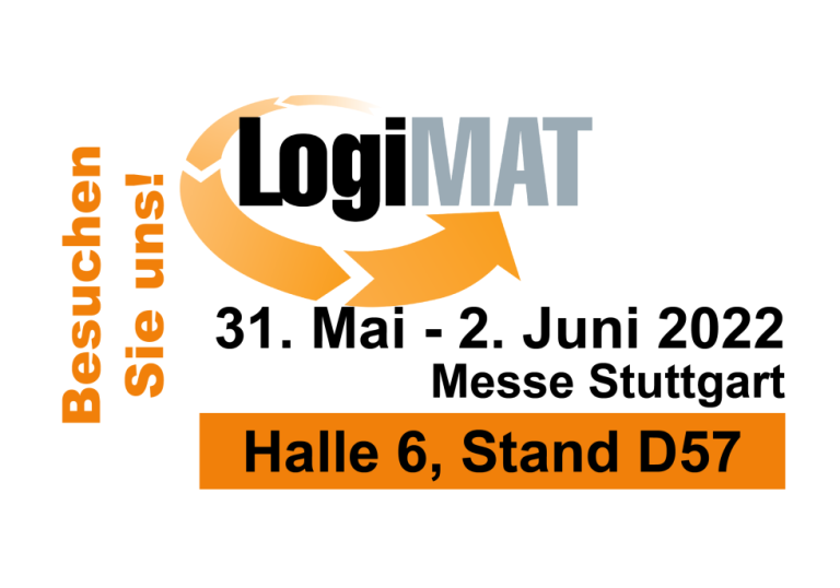 LogiMAT 2022 Werbebild mit Eventdaten 31. Mai - 2. Juni, Halle 6, Stand D57, Messe Stuttgart.