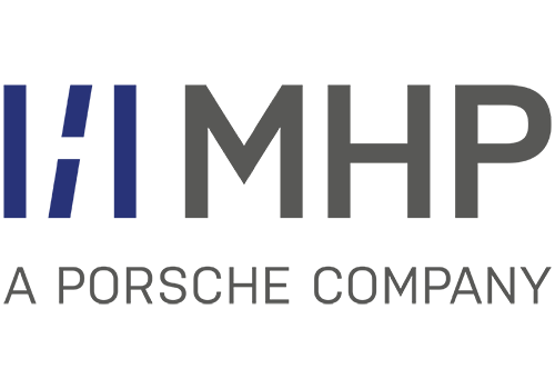 Logo von MHP – A Porsche Company in Grau-Schattierungen mit blauem Quadrat links.