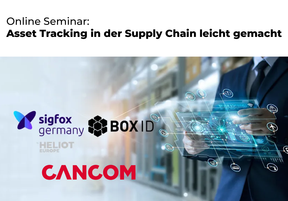 Online-Seminar-Werbung für Asset Tracking in der Supply Chain, mit Logos von Sigfox, BOX ID, Heliot und Cancom.