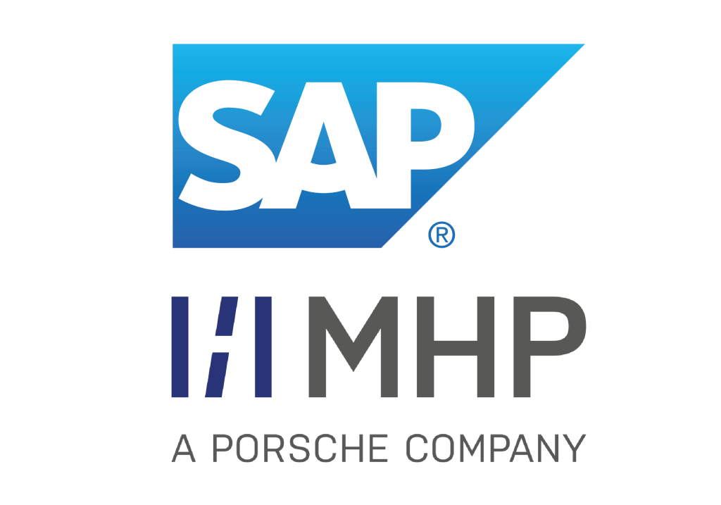 Logos von SAP und MHP mit Zusatz "A Porsche Company", Unternehmenspartnerschaft im Technologiebereich.