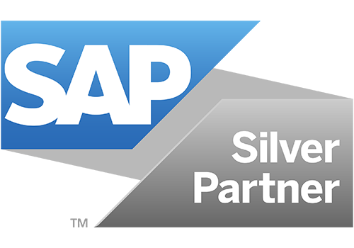 SAP-Silber-Partner-Logo mit blauen und grauen Farbtönen und Schriftzug auf weißem Hintergrund.