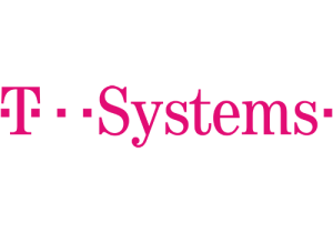 Logo von T-Systems: Magentafarbener Balken oberhalb eines weißen Streifens.