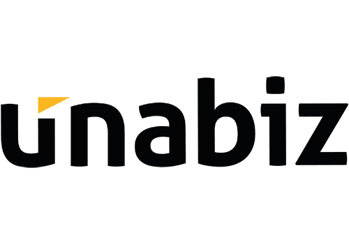 Logo von UnaBiz, bestehend aus stilisiertem gelbem Fuchs auf schwarzem Hintergrund mit Firmenschriftzug.