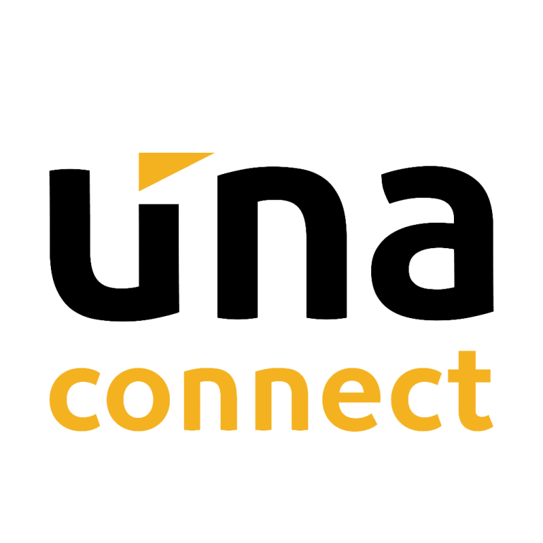 Logo von Unaconnect mit stilisiertem "una" in Schwarz und "connect" in Orange, Akzent durch gelben Pfeil.