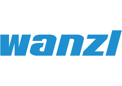 Logo von Wanzl, blauer Schriftzug auf weißem Hintergrund.