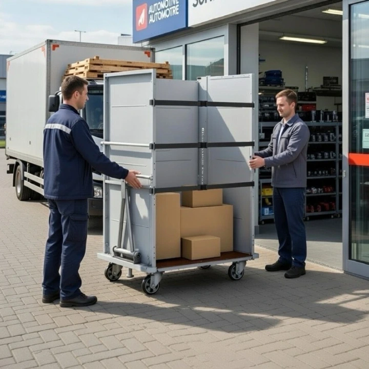 box-id_rollcage-aftersales-automotive Die Grafik zeigt einen Rollwagen beim Transport im Bereich Automotive Aftersales