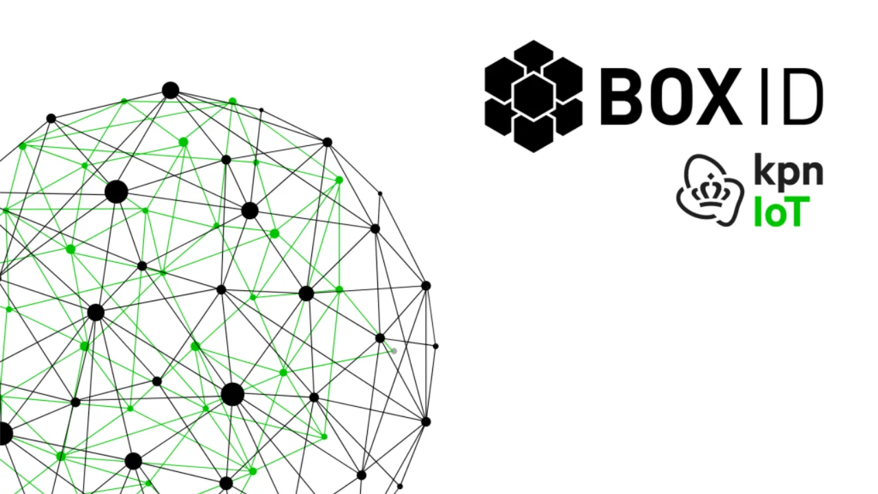 BOX ID Logo neben dem KPN IoT Logo und einer grünen Netzwerkkugel auf weißem Grund
