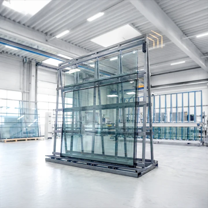 box-id_glass Glas-Transportgestell steht in einer Logistik-Halle.