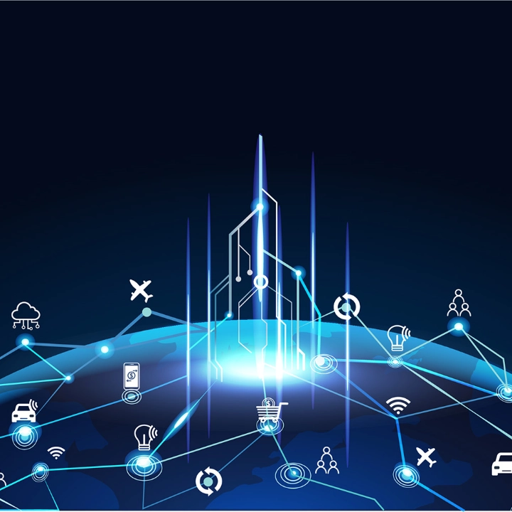 Digital world map with connected tracking and IoT icons